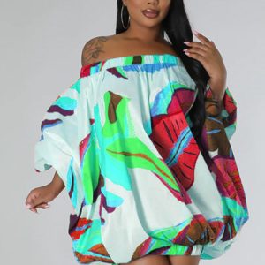 This Fashion Women's Off Shoulder Satin Print Skirt Bat Sleeves Dress Design Made Of High Quality Polyster And Spandex Material. It Is Stretchy