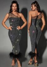 This Fashion Women's One Shoulder Beaded Mesh Feather Party Dress Design Made Of High Quality Polyster And Spandex Material