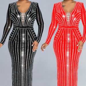 This Fashion Women's Solid Color Beaded Long Sleeve Slit Maxi Dress Design Made Of High Quality Polyster And Spandex Material