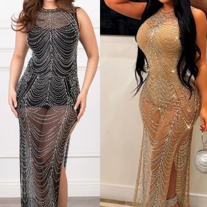 This Fashion Women's Solid Color Mesh Beaded Sleeveless Long Dress Design Made Of High Quality Polyster And Spandex Material