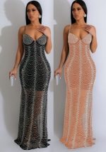 This Fashion Women's Solid Color Mesh Beaded Strap Long Dress Design Made Of High Quality Polyster And Spandex Material