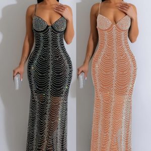 This Fashion Women's Solid Color Mesh Beaded Strap Long Dress Design Made Of High Quality Polyster And Spandex Material