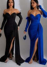 This Fashion Women's Solid Color Pleated Low Back Slit Maxi Dress Design Made Of Good Quality Polyster And Spandex Material