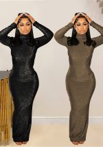 This Fashion Women's Solid Color Sexy Long Sleeve Low Back Long Dress Design Made Of High Quality Polyster And Spandex Material