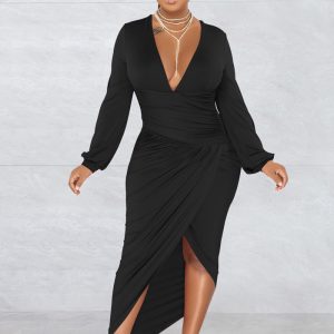 This Fashion Women's Solid v-Neck Long Sleeve Pleated Dress Design Made Of High Quality Polyster And Spandex Material. It Come With Good Stretch And Wearing Comfortable. Women¡¯s Midi Dresses Is Omnipotent And Suit For All Kinds Of Occasions - Daily Wear