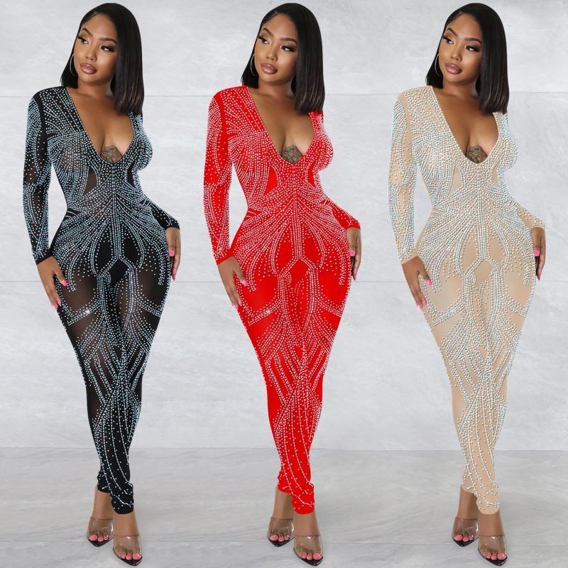 This Fashion Sexy Nightclub Mesh See-Through Long-Sleeved v-Neck Trousers Jumpsuit Women Design Made Of High Quality Polyster And Spandex Material