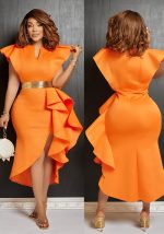 This Fashion Women's Solid Color Belted Ruffled Irregular Dress Design Made Of High End Polyster And Spandex Material