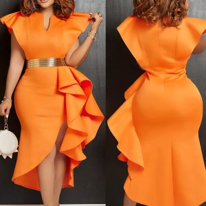 This Fashion Women's Solid Color Belted Ruffled Irregular Dress Design Made Of High End Polyster And Spandex Material