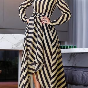 This Fashionable And Elegant Long-Sleeved Striped Long Dress Design Made Of High Quality Polyster And Spandex Material. It Come With Good Stretch And Wearing Comfortable. Women¡¯s Midi Dresses Is Omnipotent And Suit For All Kinds Of Occasions - Daily Wear