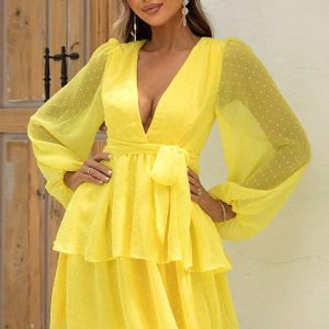 This Fashionable And Sexy v-Neck Balloon Sleeves Layered Party Dress Design Made Of High Quality Polyster And Spandex Material. It Is Stretchy