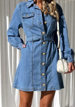 This Fashionable Casual Button Tie Slim Fit Long Sleeve Denim Dress For Women Design Made Of High Quality Polyster And Spandex Material. It Is Stretchy