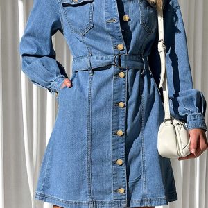 This Fashionable Casual Button Tie Slim Fit Long Sleeve Denim Dress For Women Design Made Of High Quality Polyster And Spandex Material. It Is Stretchy