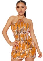 This Fashionable Lace-Up Halter Low Back Sexy Women's Sequin Party Dress Design Made Of High Quality Polyster And Spandex Material