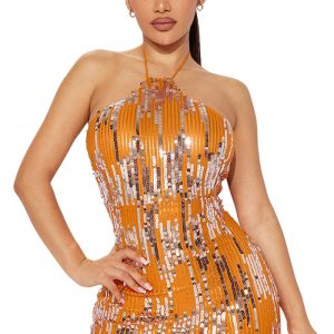 This Fashionable Lace-Up Halter Low Back Sexy Women's Sequin Party Dress Design Made Of High Quality Polyster And Spandex Material