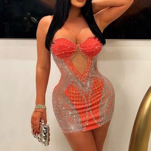 This Fashionable Party And Nightclub Style Sexy See-Through Straps Beaded Bodycon a-Line Dress Design Made Of High Quality Polyster And Spandex Material