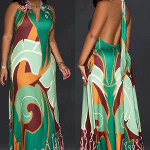 This Fashionable Women's Sexy Printed Sleeveless Low Back Maxi Dress Design Made Of High Quality Polyster And Spandex Material