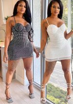 This Fashionable Women's Solid Color Mesh Beaded Suspender Dress Design Made Of High Quality Polyster And Spandex Material