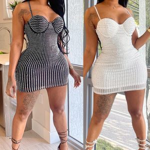 This Fashionable Women's Solid Color Mesh Beaded Suspender Dress Design Made Of High Quality Polyster And Spandex Material