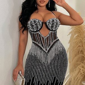 This Fashionable Women's Solid Color Mesh Beaded Suspender Skirt Dress Design Made Of High Quality Polyster And Spandex Material