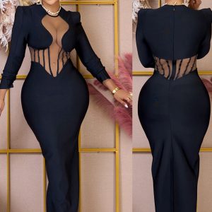 This Fashionable Women's Solid Color See-Through Mesh Long Sleeve Maxi Dress Design Made Of Good Quality Polyster And Spandex Material