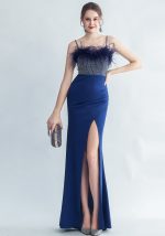 This Feather Beaded Straps Side Slit Formal Party Evening Dress Design Made Of Good Quality Polyster And Spandex Material