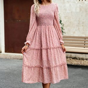 This Floral Dress Autumn Chic Elegant Long Dress Design Made Of High Quality Polyster And Spandex Material. It Is Stretchy