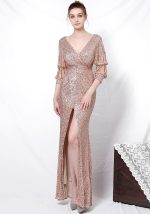 This Formal Party Chic Elegant Long Half-Sleeve Sequined Queen Mermaid Evening Gown Design Made Of Good Quality Polyster And Spandex Material