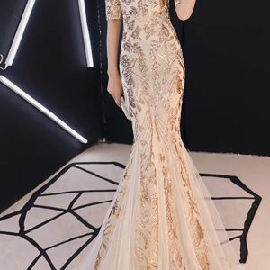 This Formal Party Evening Dress Elegant Champagne Off Shoulder Mermaid Long Annual Meeting Dress Women Spring Design Made Of Good Quality Polyster And Spandex Material