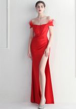 This Fur Trim Off Shoulder Slit Sexy Evening Dress Cocktail Dinner Wedding Gown Design Made Of Good Quality Polyster And Spandex Material