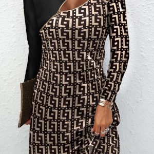 This Geometric Print Front Zip Long Sleeve Dress Design Made Of High Quality Polyster And Spandex Material. It Is Stretchy