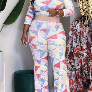 This Geometric Print Plus Size Jumpsuit Design Made Of High Quality Polyster And Spandex Material. It Is Stretchy