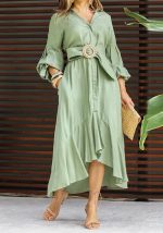 This Green Dress Western Dress Fashion Casual Full Sleeve v Neck Turndown Collar Solid & Pocket Maxi Dress Design Made Of High Quality Polyster And Spandex Material. It Come With Good Stretch And Wearing Comfortable. Women¡¯s Midi Dresses Is Omnipotent And Suit For All Kinds Of Occasions - Daily Wear