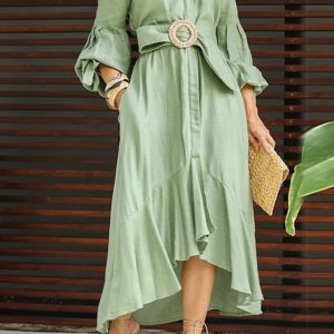 This Green Dress Western Dress Fashion Casual Full Sleeve v Neck Turndown Collar Solid & Pocket Maxi Dress Design Made Of High Quality Polyster And Spandex Material. It Come With Good Stretch And Wearing Comfortable. Women¡¯s Midi Dresses Is Omnipotent And Suit For All Kinds Of Occasions - Daily Wear