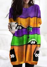 This Halloween Printed Pocket Round Neck Long Sleeve Women's Top Design Made Of High Quality Polyster And Spandex Material. It Is Stretchy