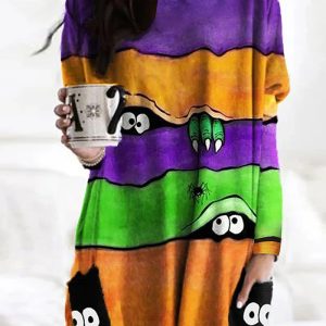 This Halloween Printed Pocket Round Neck Long Sleeve Women's Top Design Made Of High Quality Polyster And Spandex Material. It Is Stretchy