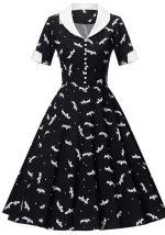 This Halloween Witch Bat Print Short Sleeve Button Black And White Turndown Collar Retro a-Line Swing Dress Made Of Soft And Elastic Fabric. Global Lover Wholesale Plus Size Dresses And Hope Curvy Ladies Find Here a Warm And Exciting Place To Shop Affordable Curvy Dresses Online - Plus Size Casual