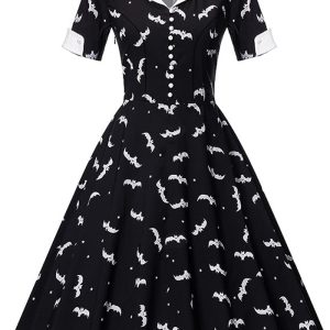 This Halloween Witch Bat Print Short Sleeve Button Black And White Turndown Collar Retro a-Line Swing Dress Made Of Soft And Elastic Fabric. Global Lover Wholesale Plus Size Dresses And Hope Curvy Ladies Find Here a Warm And Exciting Place To Shop Affordable Curvy Dresses Online - Plus Size Casual