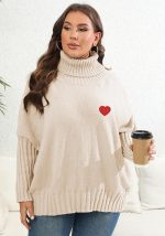 This Heart Print Sticker Plus Size Women's Solid Turtleneck Woven Sweater Oversized Pullover Women's Top Made Of Comfortable And Elastic Fabric. It Is Wholesale Sexy Plus Size Tops For Women. With The Gradual Rise Of Feminist Awareness