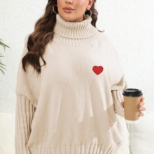 This Heart Print Sticker Plus Size Women's Solid Turtleneck Woven Sweater Oversized Pullover Women's Top Made Of Comfortable And Elastic Fabric. It Is Wholesale Sexy Plus Size Tops For Women. With The Gradual Rise Of Feminist Awareness