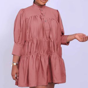 This High Collar Solid Color Simple Loose Casual Women's Dress Design Made Of High Quality Polyster And Spandex Material. It Is Stretchy