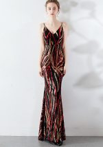 This High End Sequin Stripe Color Slim Fitting Dinner Party Annual Meeting Suspender Long Dress Design Made Of Good Quality Polyster And Spandex Material