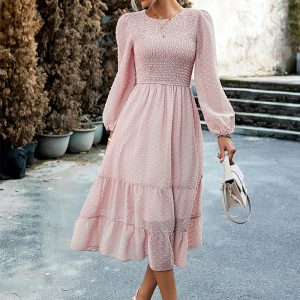 This Jacquard Dress Autumn Chic Elegant Solid Color Long Dress Design Made Of High Quality Polyster And Spandex Material. It Is Stretchy