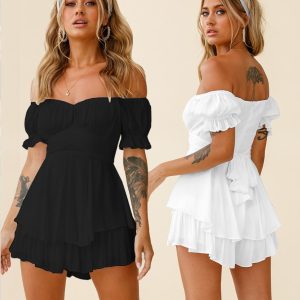 This Jumpsuit Solid Color Fashion Sexy Off Shoulder Lantern Ruffle Sleeve Casual Summer Women's Shorts Design Made Of High Quality Polyster And Spandex Material. It Is Stretchy