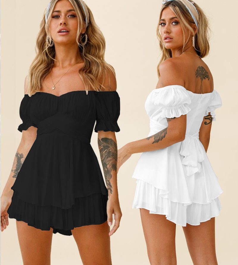 This Jumpsuit Solid Color Fashion Sexy Off Shoulder Lantern Ruffle Sleeve Casual Summer Women's Shorts Design Made Of High Quality Polyster And Spandex Material. It Is Stretchy