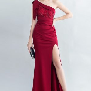This Lace Beaded Slash Shoulder Formal Party Side Slit Evening Gown Design Made Of Good Quality Polyster And Spandex Material