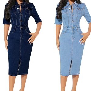 This Ladies Elastic Breasted Denim Bodycon Dress Design Made Of High Quality Polyster And Spandex Material. It Come With Good Stretch And Wearing Comfortable. Women¡¯s Midi Dresses Is Omnipotent And Suit For All Kinds Of Occasions - Daily Wear