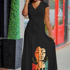 This Ladies Fashion Casual Print v-Neck Short Sleeve Ladies Maxi Dress Design Made Of High Quality Polyster And Spandex Material