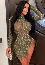 This Ladies Fashion Sexy Mesh Beaded Bubble Feather Dress Women Design Made Of High Quality Polyster And Spandex Material