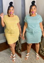 This Ladies' Fashion Stripe Drawstring Short Sleeve Casual Plus Size Dress Made Of Soft And Elastic Fabric. Global Lover Wholesale Plus Size Dresses And Hope Curvy Ladies Find Here a Warm And Exciting Place To Shop Affordable Curvy Dresses Online - Plus Size Casual