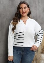 This Ladies Pullover Knit Top Plus Size Women's Fall Winter Contrasting Color Patchwork Striped Turndowm Collar Sweater Made Of Comfortable And Elastic Fabric. It Is Wholesale Sexy Plus Size Tops For Women. With The Gradual Rise Of Feminist Awareness